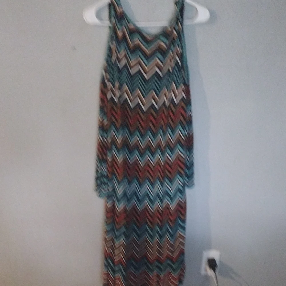 Cato Plus Chevron Midi Dress - Teal Brown Cream Zigzag Cut-Out Shoulder 22W/24W - Picture 3 of 5